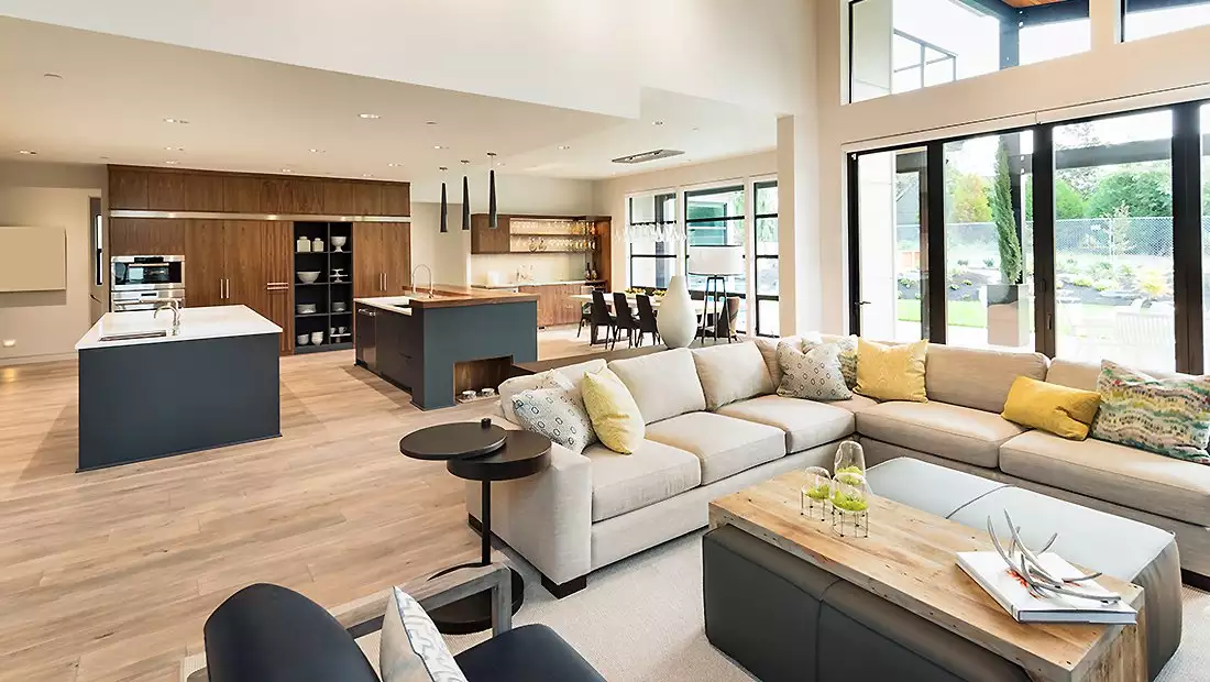 Open Floor Plan Living Room, Dining, and Kitchen Areas